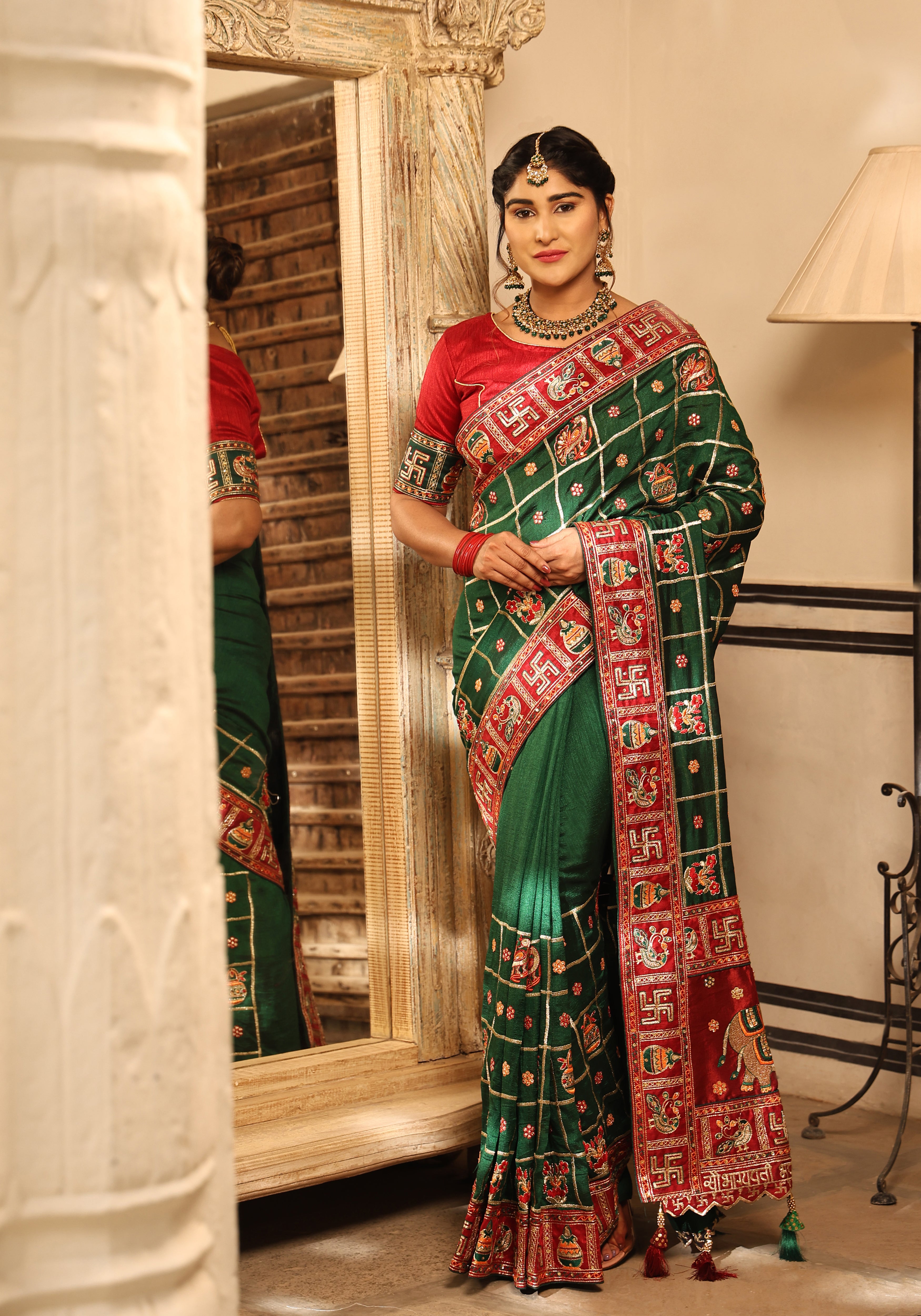 Emerald Green & Maroon Heavy Soft Silk Wedding Saree with Intricate Embroidery & Diamond Work – Kalash Collection