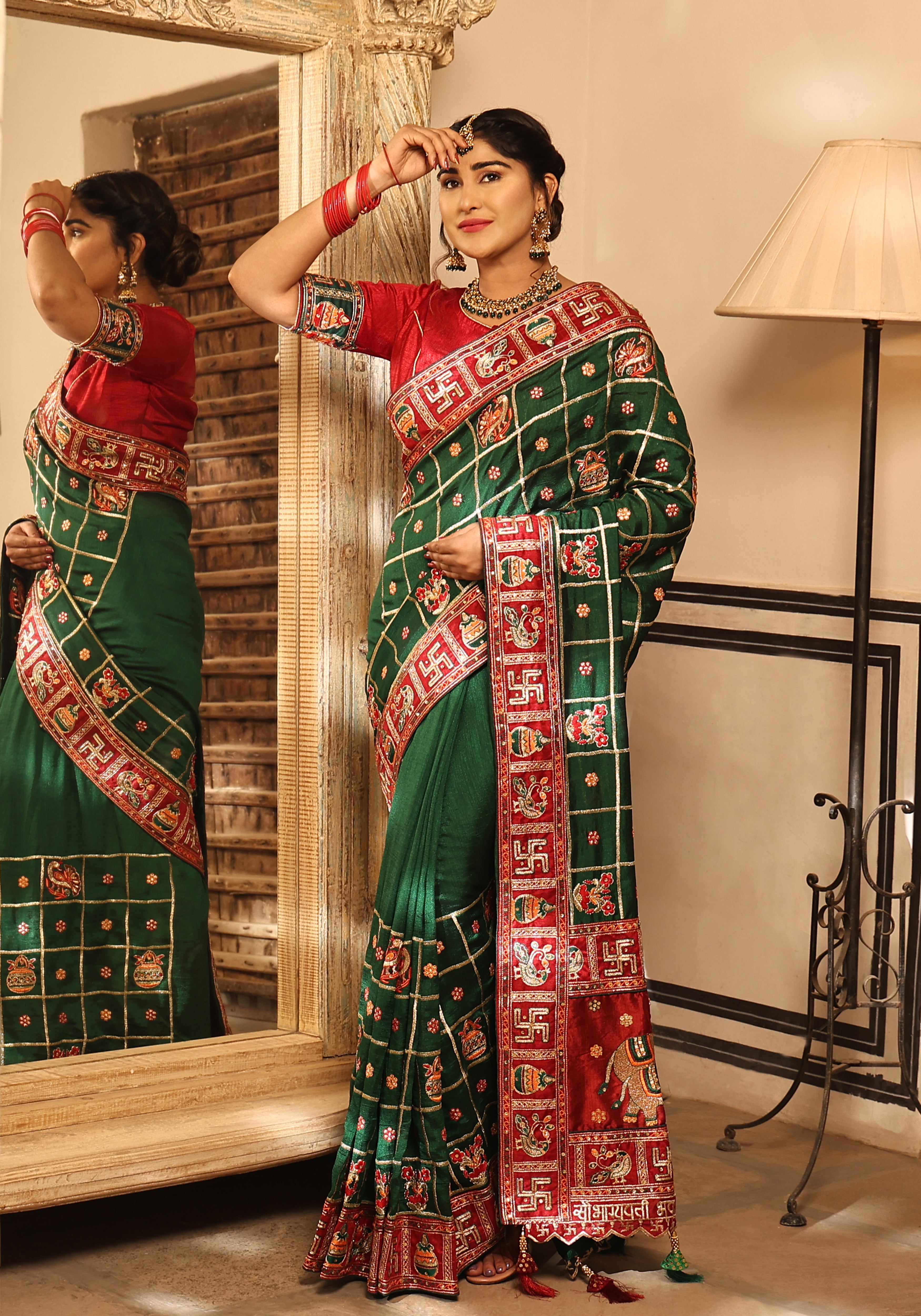 Emerald Green & Maroon Heavy Soft Silk Wedding Saree with Intricate Embroidery & Diamond Work – Kalash Collection