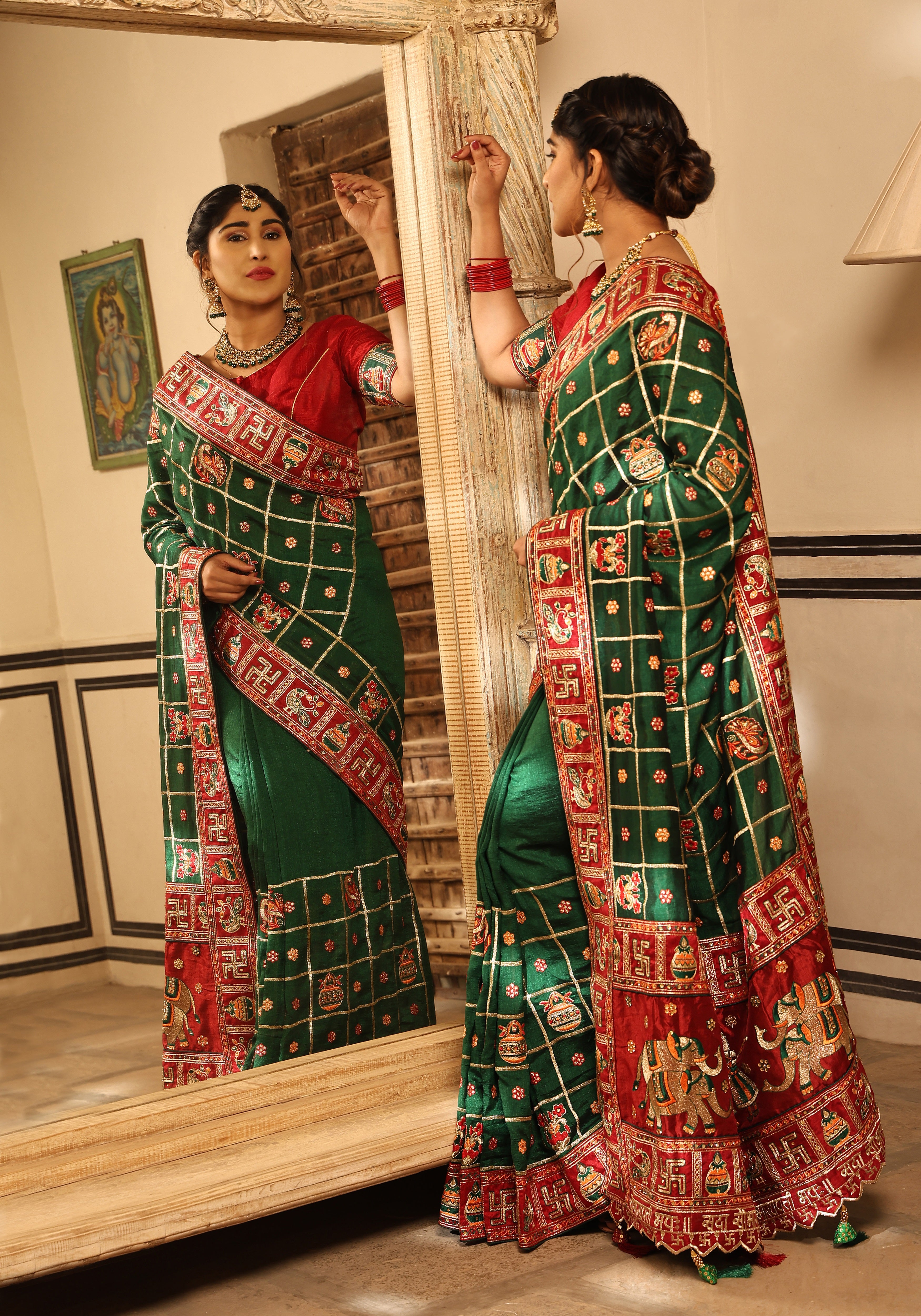 Emerald Green & Maroon Heavy Soft Silk Wedding Saree with Intricate Embroidery & Diamond Work – Kalash Collection