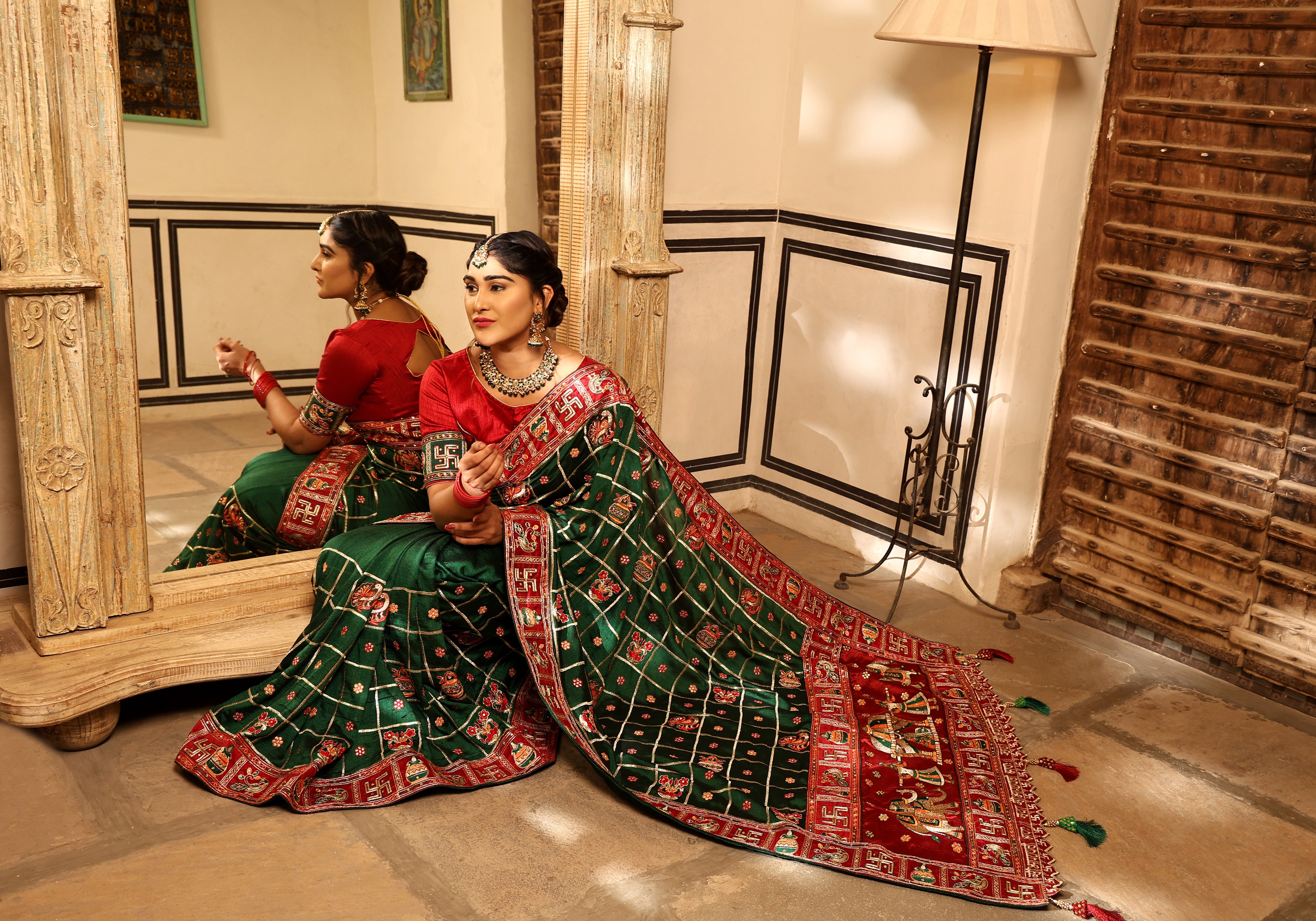 Emerald Green & Maroon Heavy Soft Silk Wedding Saree with Intricate Embroidery & Diamond Work – Kalash Collection