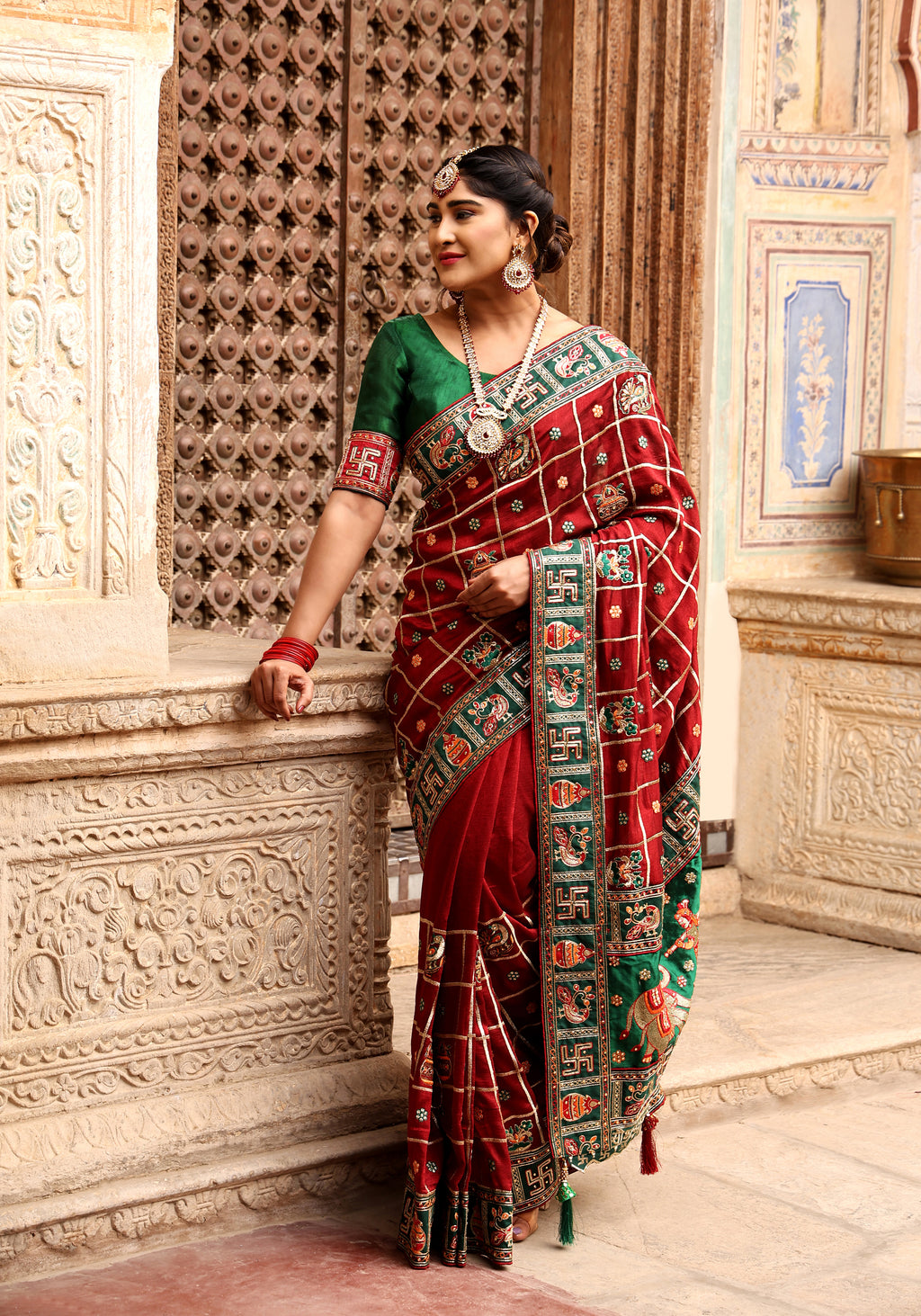 Maroon & Green Heavy Soft Silk Wedding Saree with Swastik & Kalash Embroidery – Kalash Collection