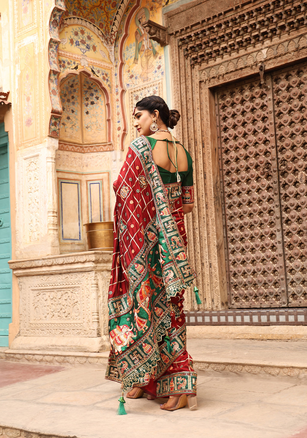 Maroon & Green Heavy Soft Silk Wedding Saree with Swastik & Kalash Embroidery – Kalash Collection