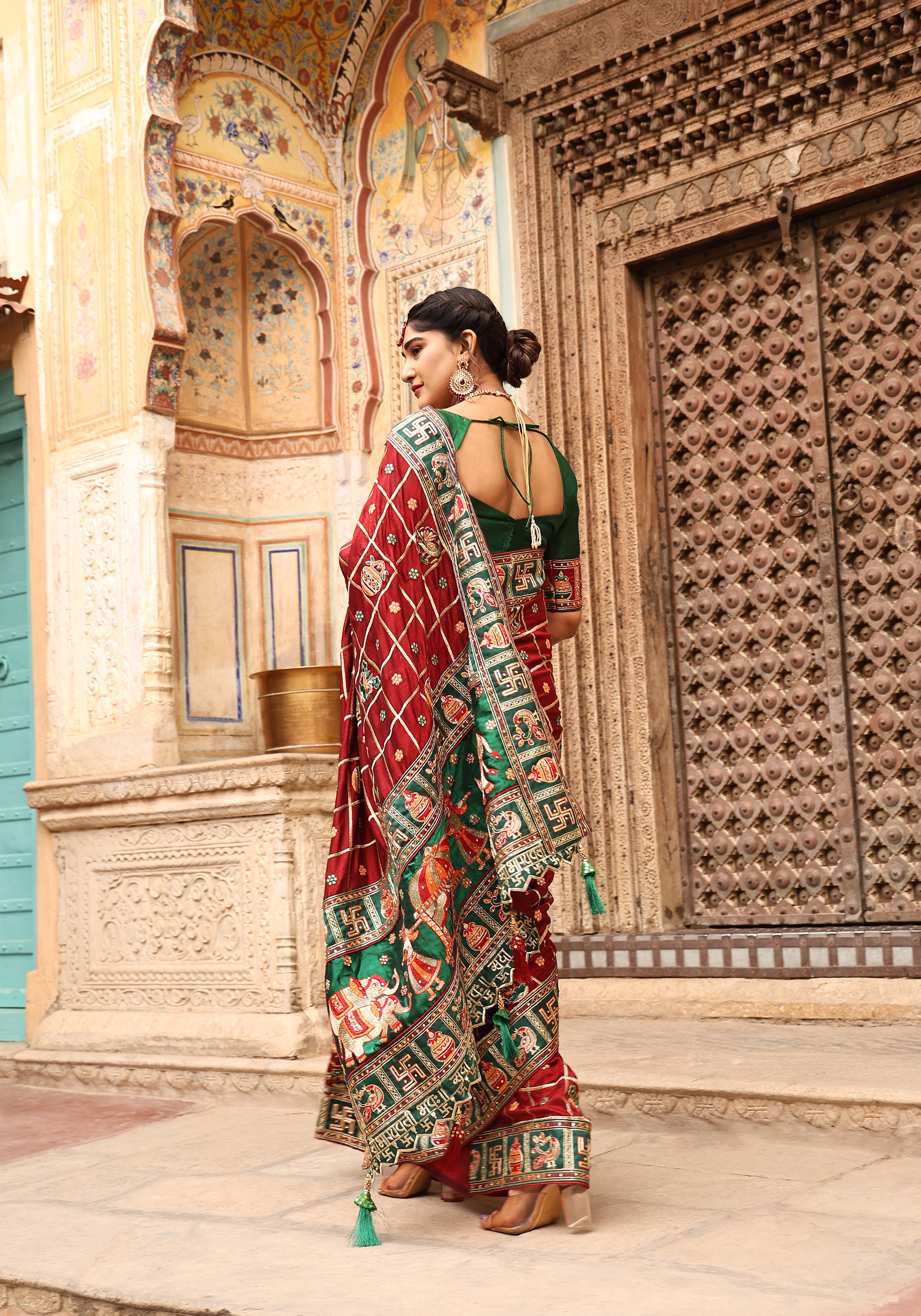 Maroon & Green Heavy Soft Silk Wedding Saree with Swastik & Kalash Embroidery – Kalash Collection