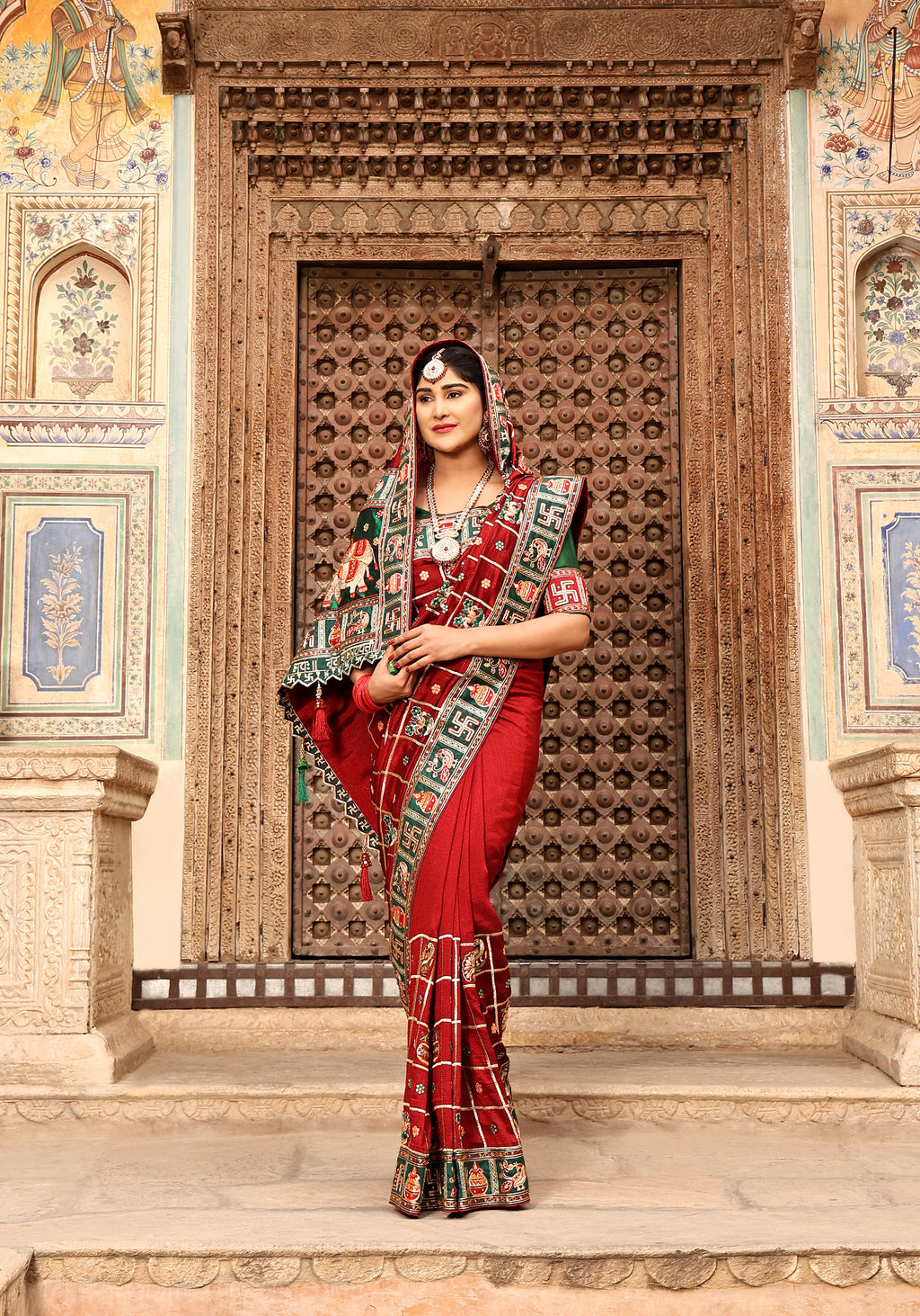 Maroon & Green Heavy Soft Silk Wedding Saree with Swastik & Kalash Embroidery – Kalash Collection