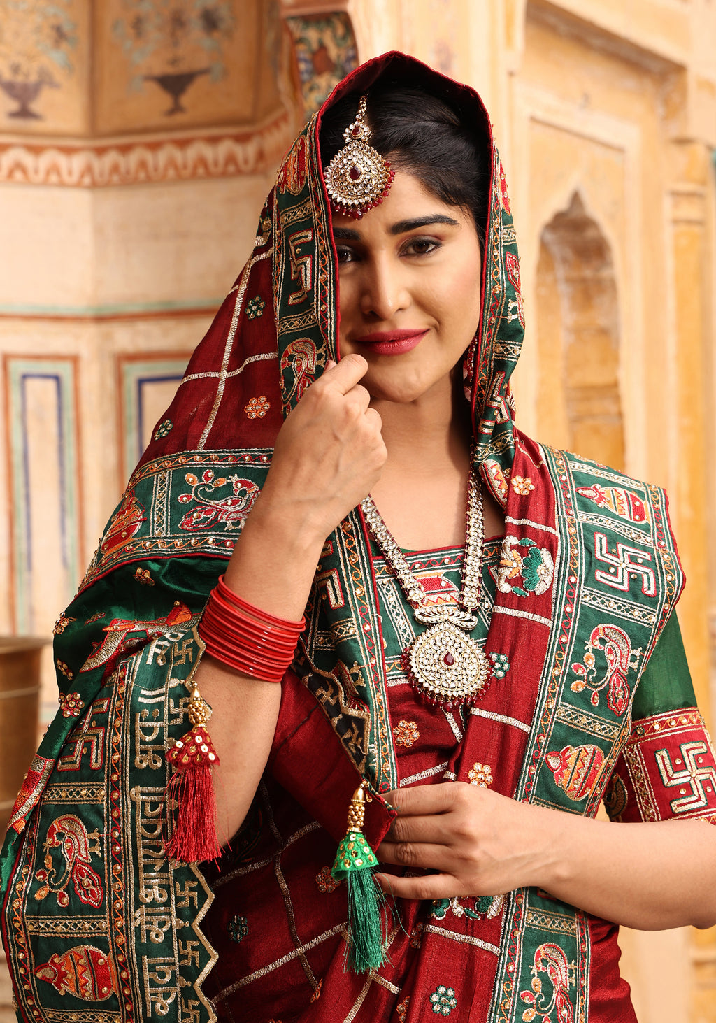 Maroon & Green Heavy Soft Silk Wedding Saree with Swastik & Kalash Embroidery – Kalash Collection