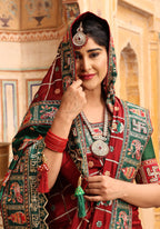 Maroon & Green Heavy Soft Silk Wedding Saree with Swastik & Kalash Embroidery – Kalash Collection