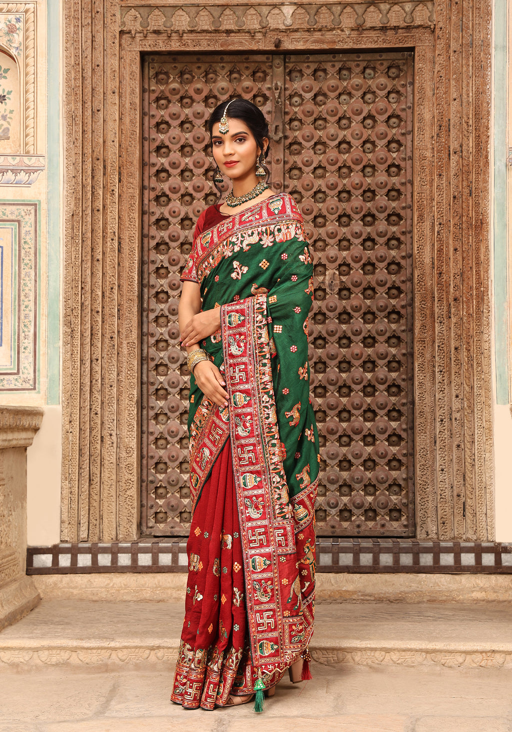 Maroon Heavy Soft Silk Wedding Saree with Green Embroidered Border – Kalash Collection