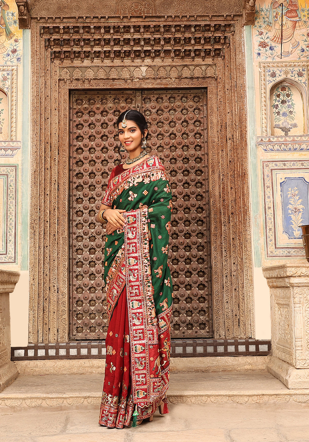 Maroon Heavy Soft Silk Wedding Saree with Green Embroidered Border – Kalash Collection