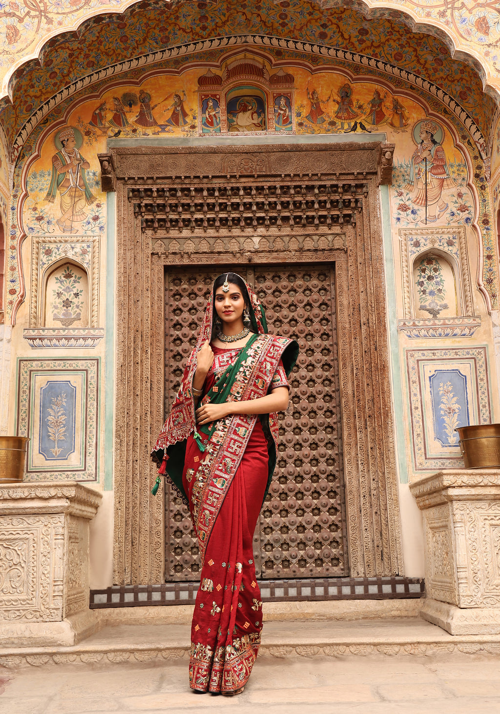 Maroon Heavy Soft Silk Wedding Saree with Green Embroidered Border – Kalash Collection