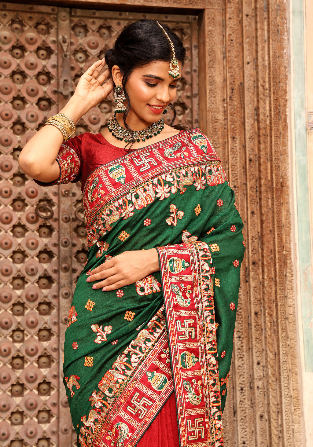 Maroon Heavy Soft Silk Wedding Saree with Green Embroidered Border – Kalash Collection