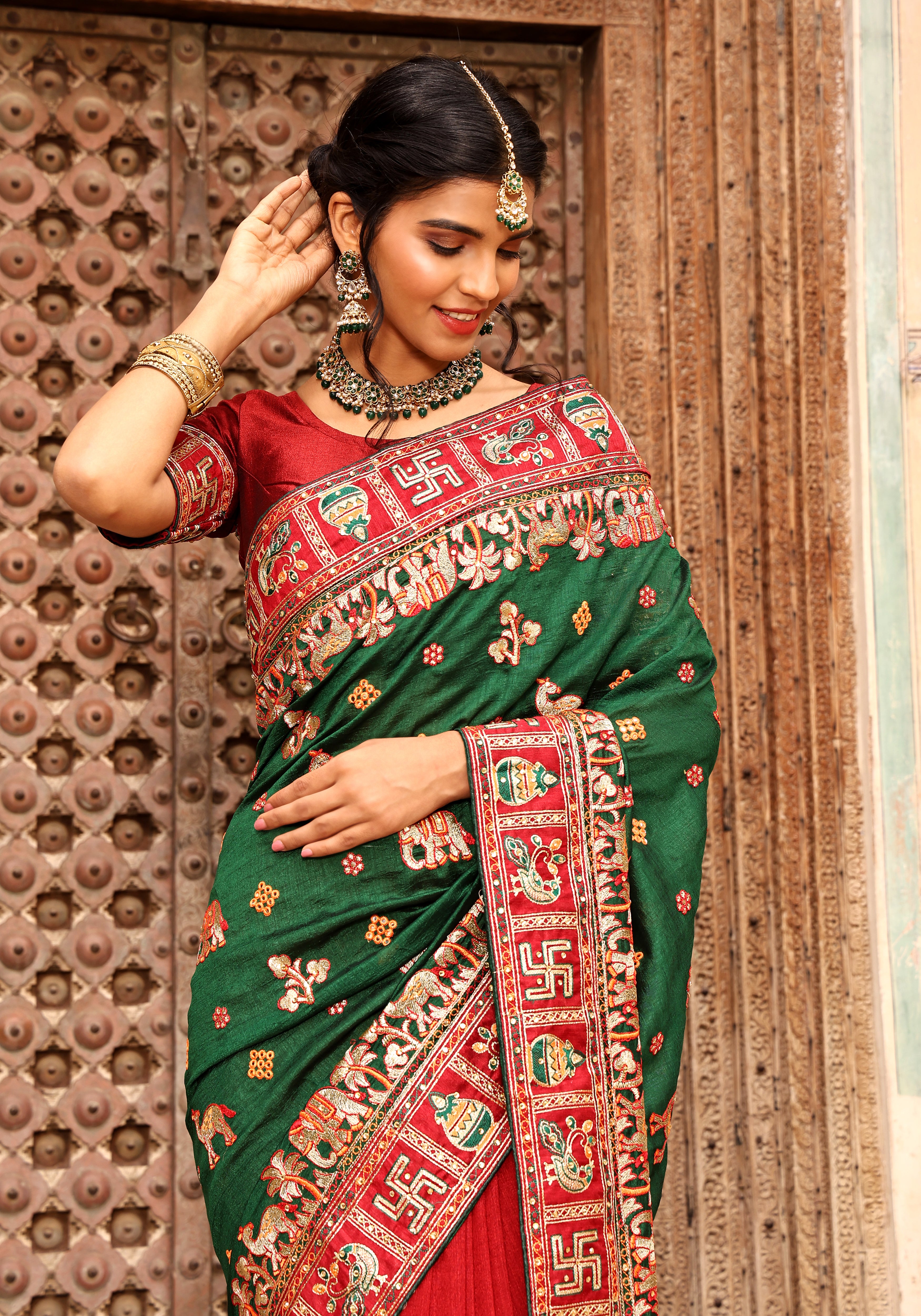 Maroon Heavy Soft Silk Wedding Saree with Green Embroidered Border – Kalash Collection
