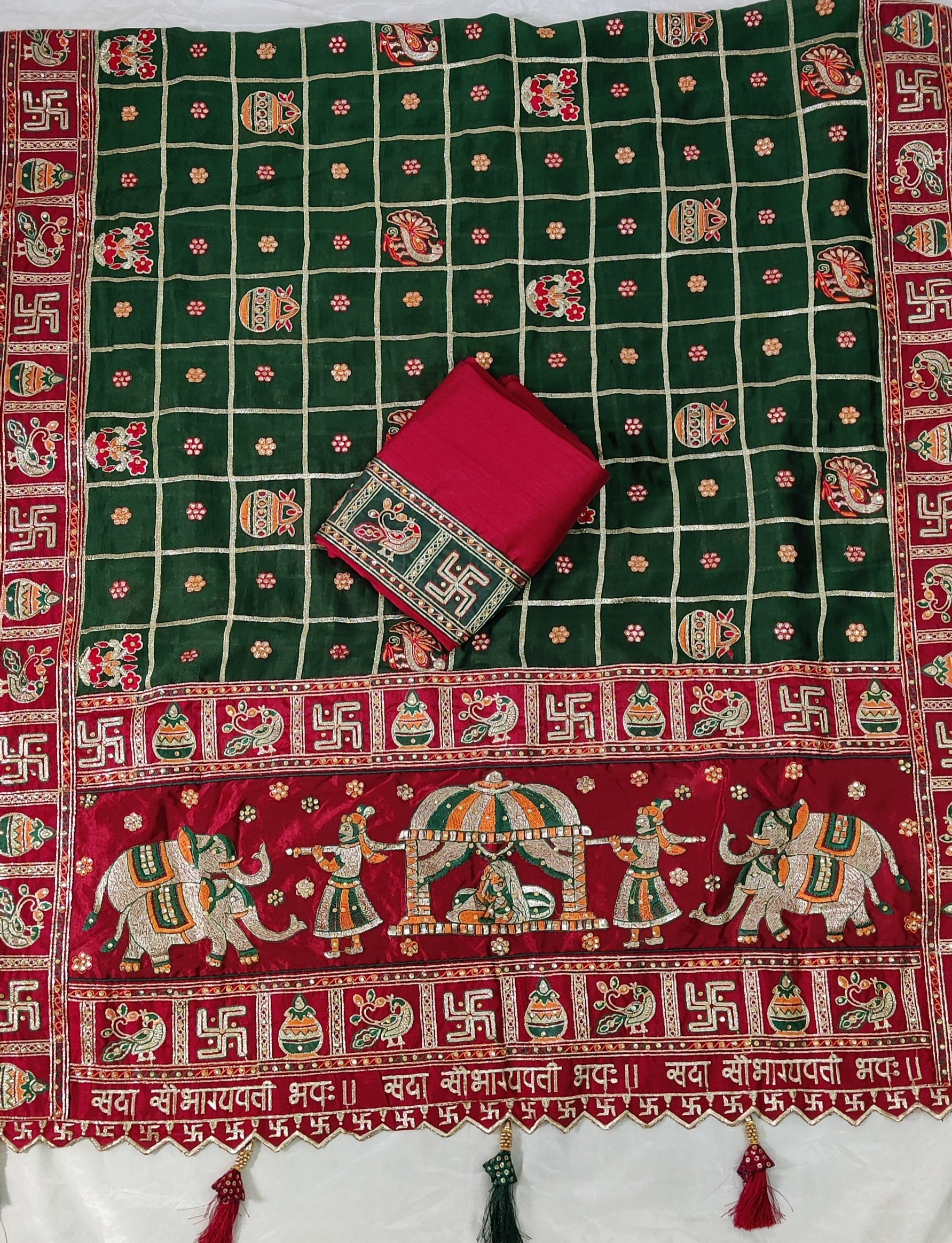 Emerald Green & Maroon Heavy Soft Silk Wedding Saree with Intricate Embroidery & Diamond Work – Kalash Collection