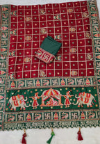 Maroon & Green Heavy Soft Silk Wedding Saree with Swastik & Kalash Embroidery – Kalash Collection