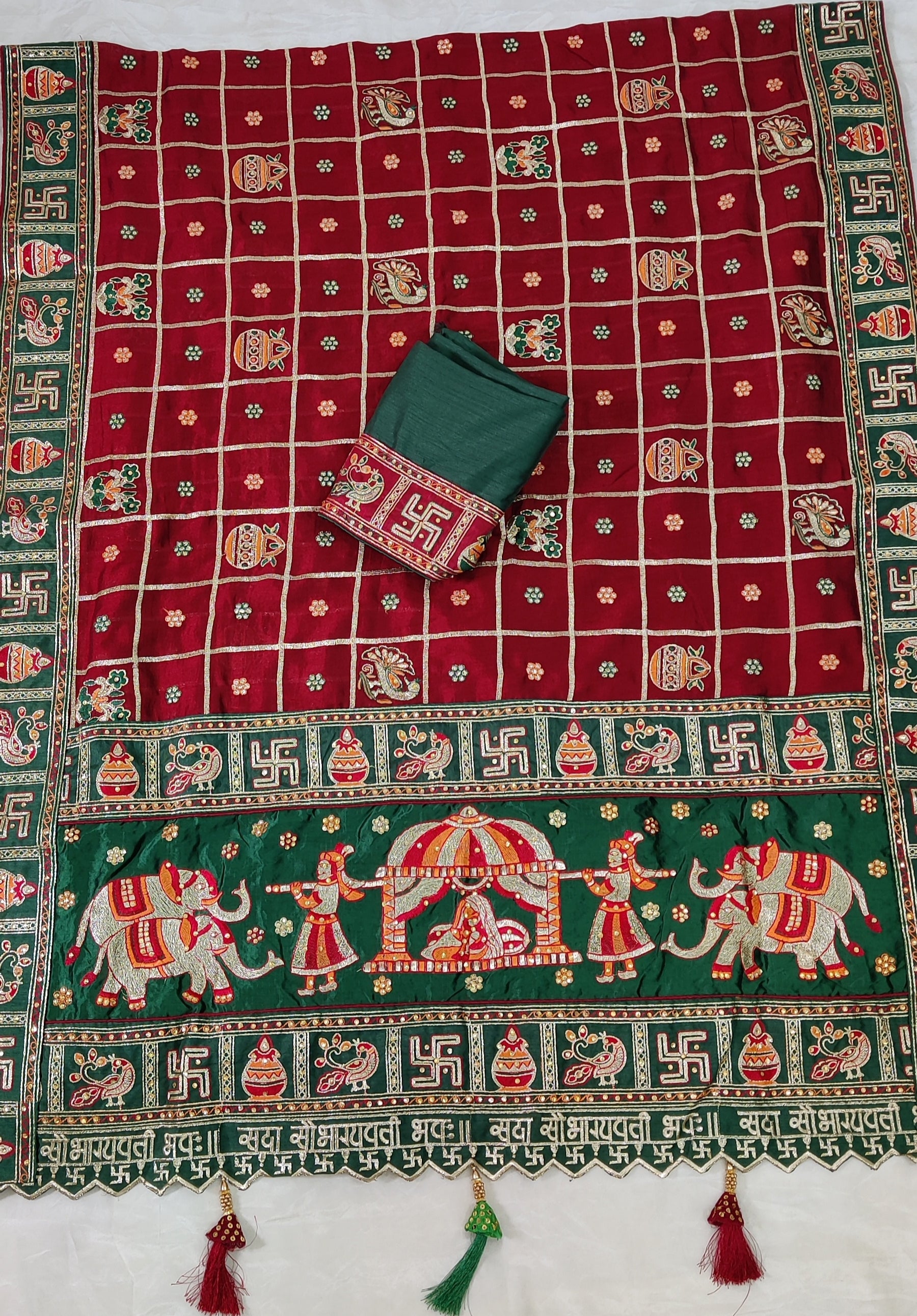 Maroon & Green Heavy Soft Silk Wedding Saree with Swastik & Kalash Embroidery – Kalash Collection