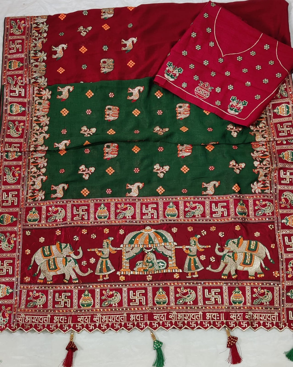 Maroon Heavy Soft Silk Wedding Saree with Green Embroidered Border – Kalash Collection