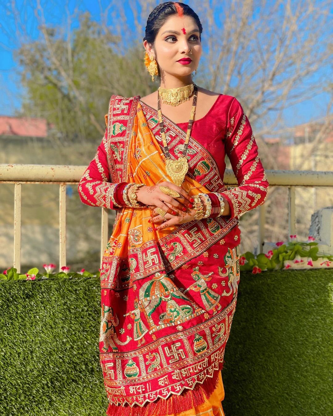 "Sada Saubhagyavati" Orange Yellow & Maroon Soft Silk Saree with Royal Doli & Elephant Pallu