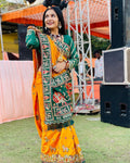 Orange Yellow Heavy Soft Silk Bridal Saree with "Sada Saubhagyavati" Border & Green Blouse