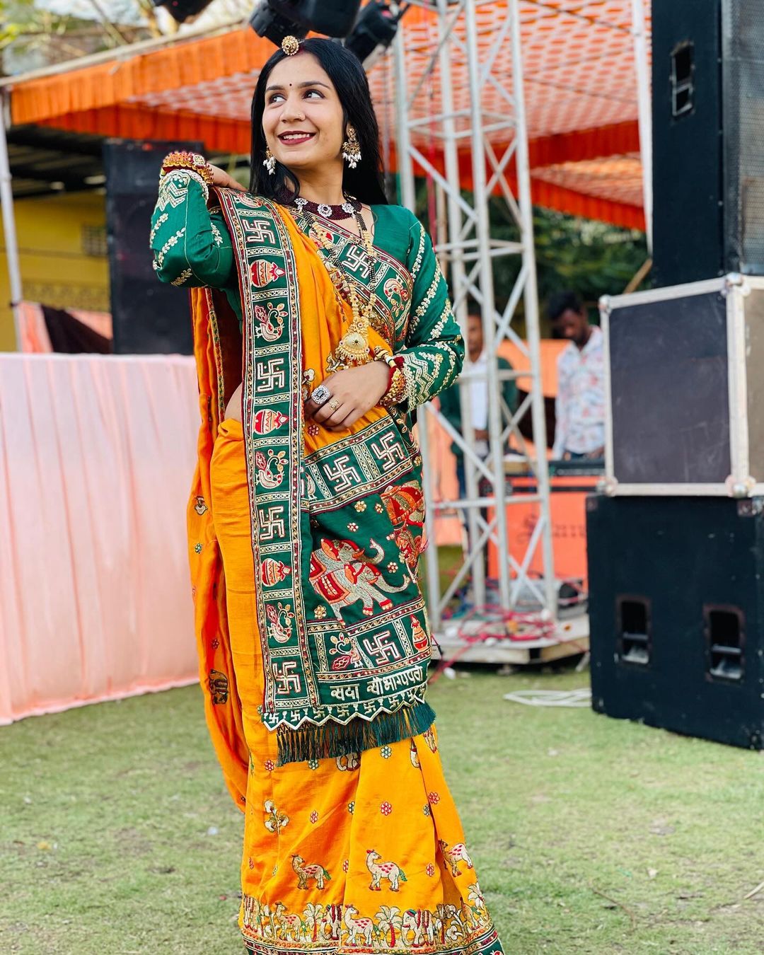 Orange Yellow Heavy Soft Silk Bridal Saree with "Sada Saubhagyavati" Border & Green Blouse
