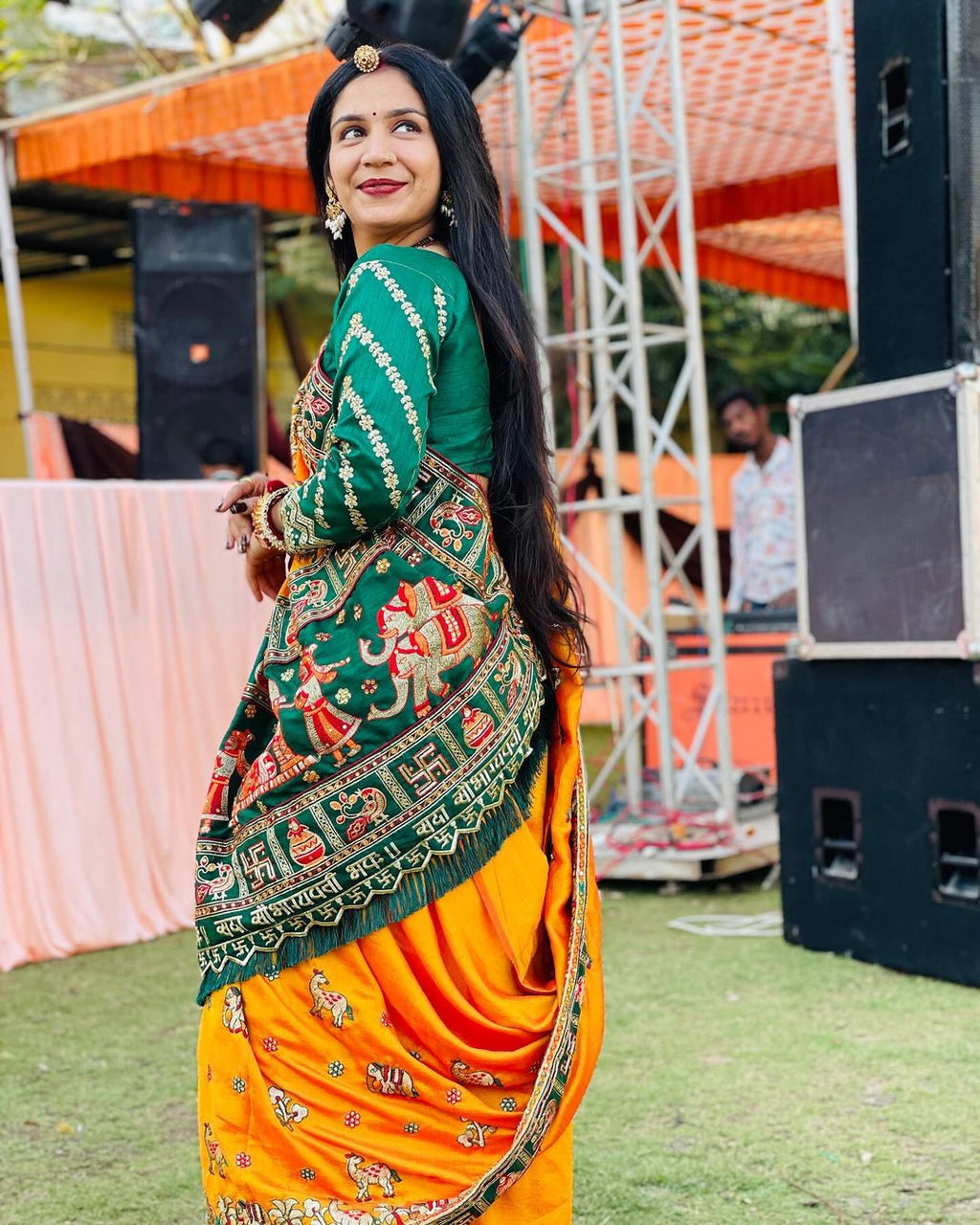 Orange Yellow Heavy Soft Silk Bridal Saree with "Sada Saubhagyavati" Border & Green Blouse
