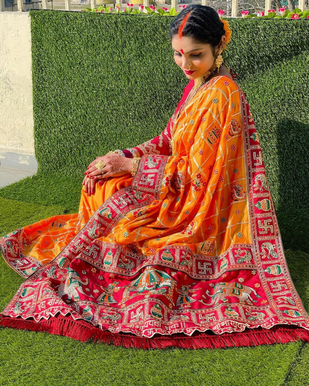 "Sada Saubhagyavati" Orange Yellow & Maroon Soft Silk Saree with Royal Doli & Elephant Pallu