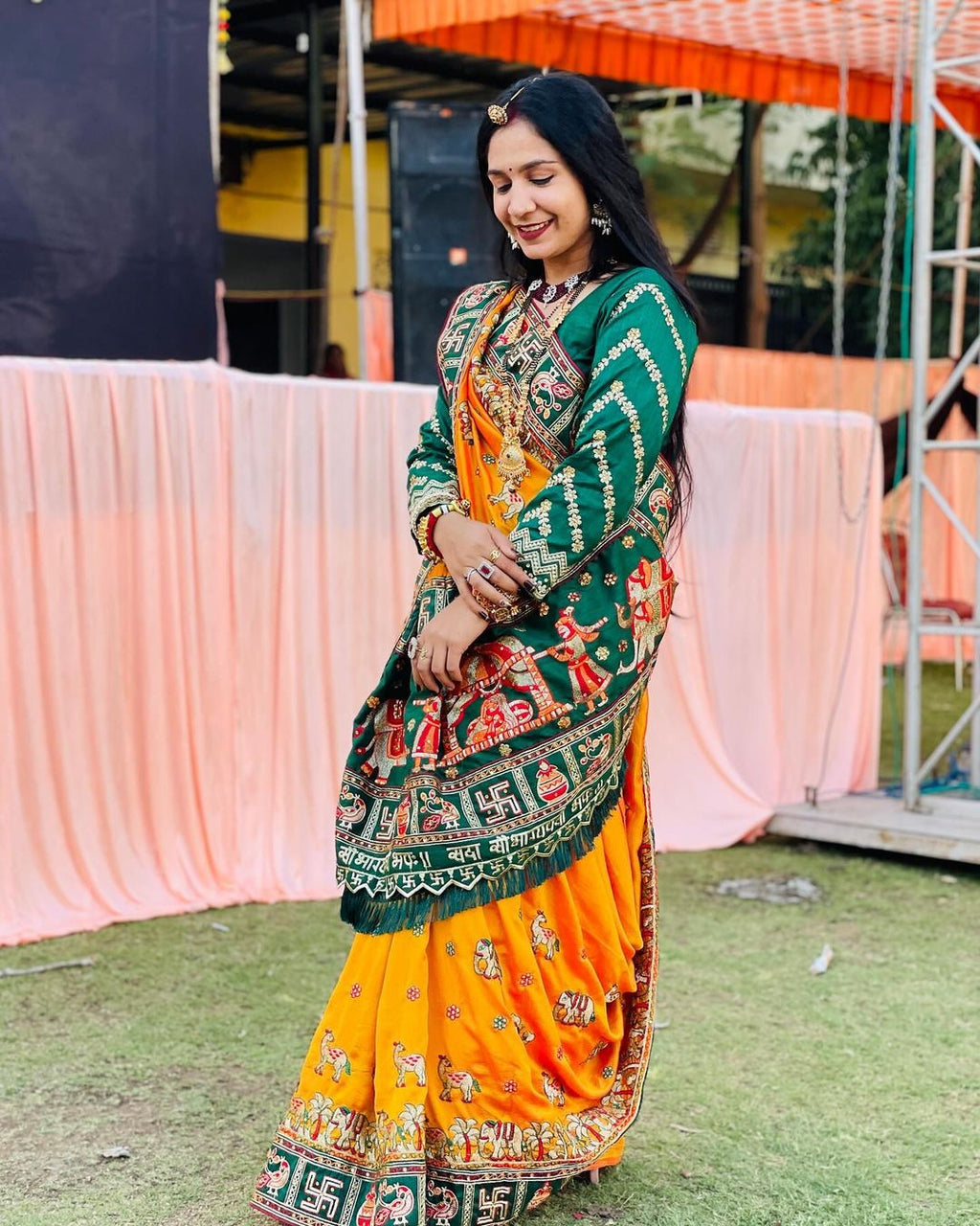 Orange Yellow Heavy Soft Silk Bridal Saree with "Sada Saubhagyavati" Border & Green Blouse