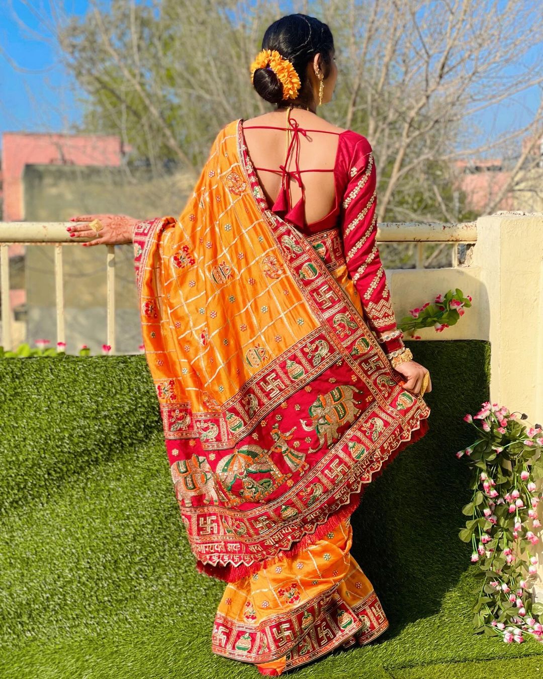"Sada Saubhagyavati" Orange Yellow & Maroon Soft Silk Saree with Royal Doli & Elephant Pallu
