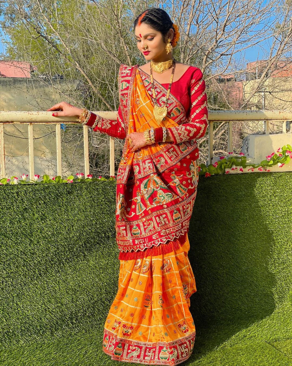 "Sada Saubhagyavati" Orange Yellow & Maroon Soft Silk Saree with Royal Doli & Elephant Pallu