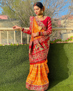 "Sada Saubhagyavati" Orange Yellow & Maroon Soft Silk Saree with Royal Doli & Elephant Pallu
