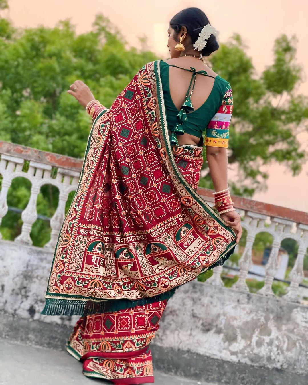 Elegant Crimson Maroon Heavy Soft Silk Saree with "Shubh Laabh" Embroidery & Bottle Green Designer Blouse