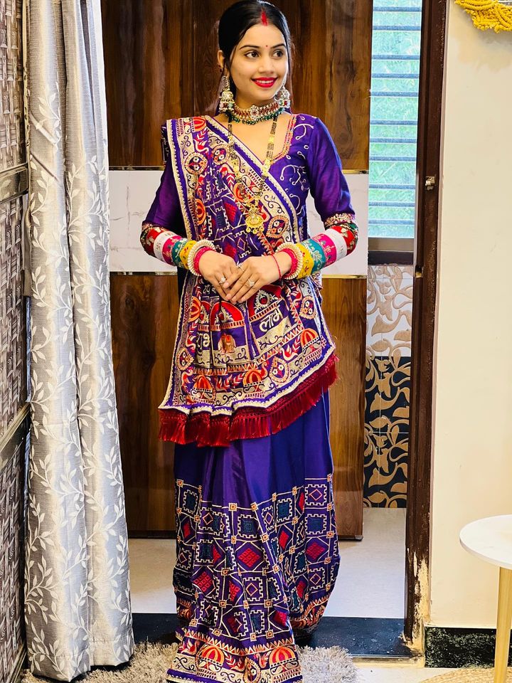 Royal Purple Heavy Soft Silk Saree with "Shubh Laabh" Embroidery & Designer Blouse