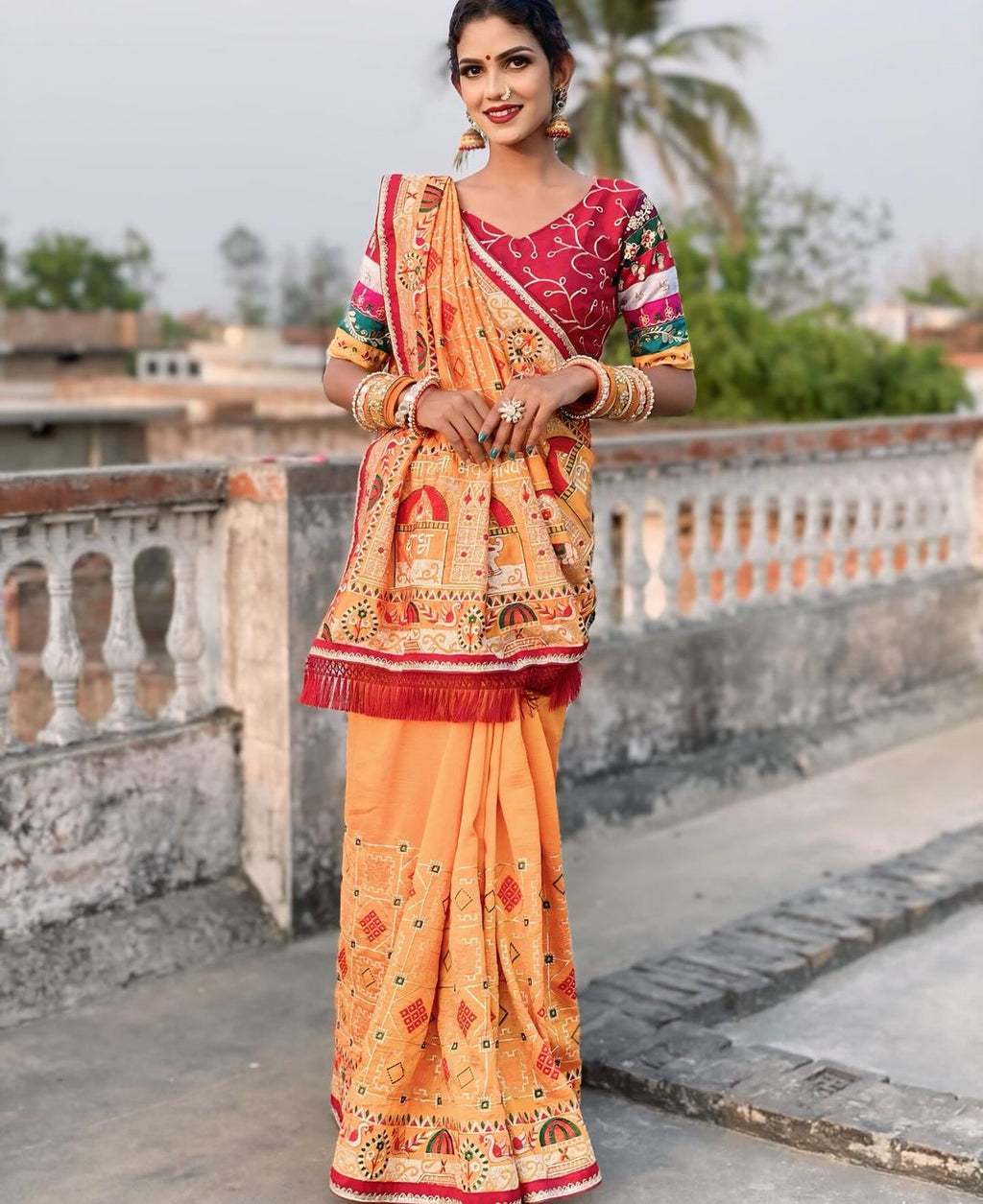 Radiant Golden Yellow Heavy Soft Silk Saree with "Shubh Laabh" Embroidery & Maroon Designer Blouse