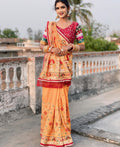 Radiant Golden Yellow Heavy Soft Silk Saree with "Shubh Laabh" Embroidery & Maroon Designer Blouse