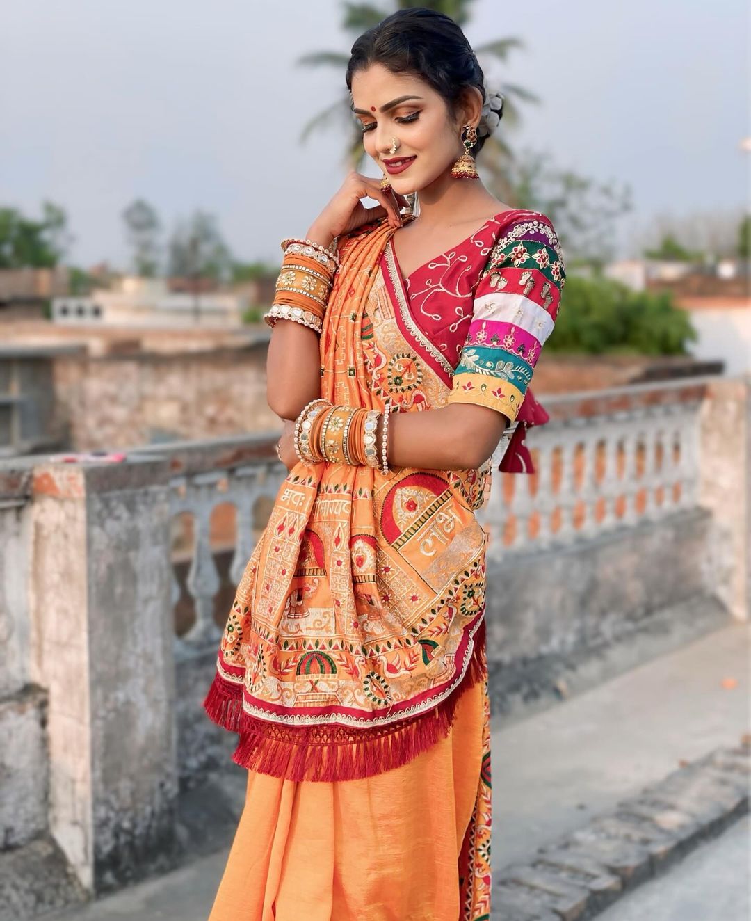 Radiant Golden Yellow Heavy Soft Silk Saree with "Shubh Laabh" Embroidery & Maroon Designer Blouse