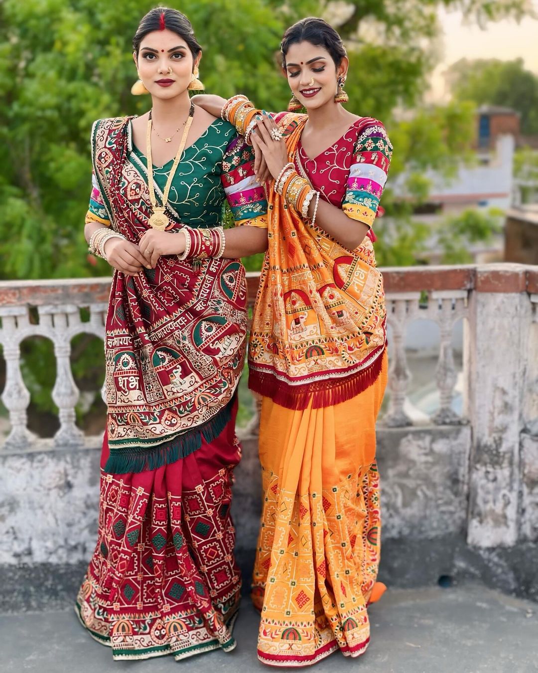 Elegant Crimson Maroon Heavy Soft Silk Saree with "Shubh Laabh" Embroidery & Bottle Green Designer Blouse