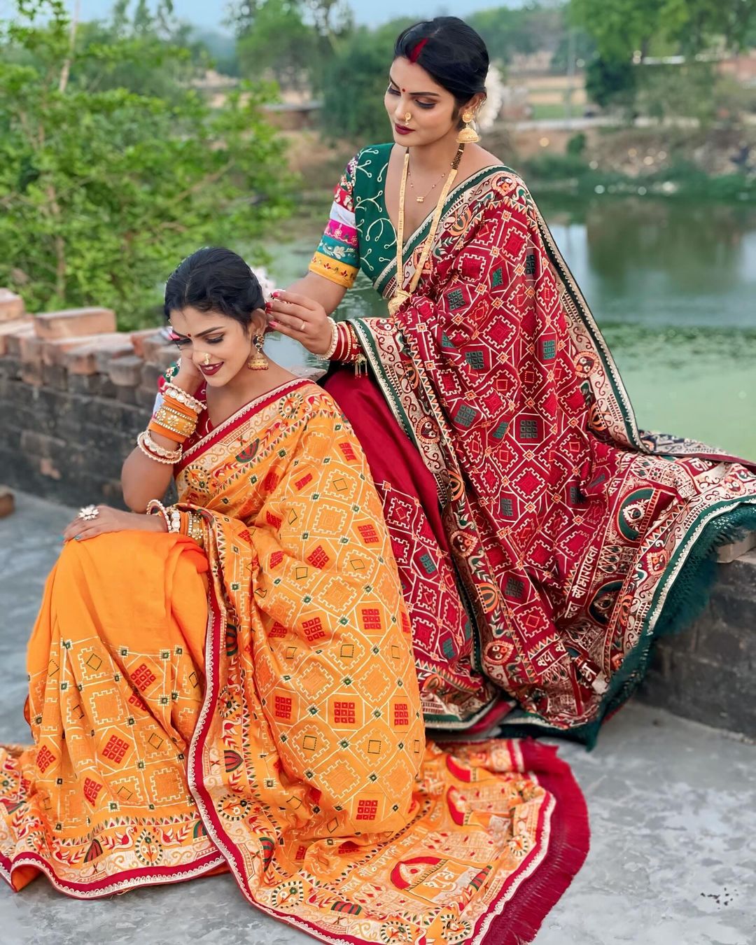 Elegant Crimson Maroon Heavy Soft Silk Saree with "Shubh Laabh" Embroidery & Bottle Green Designer Blouse