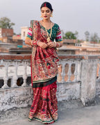 Elegant Crimson Maroon Heavy Soft Silk Saree with "Shubh Laabh" Embroidery & Bottle Green Designer Blouse