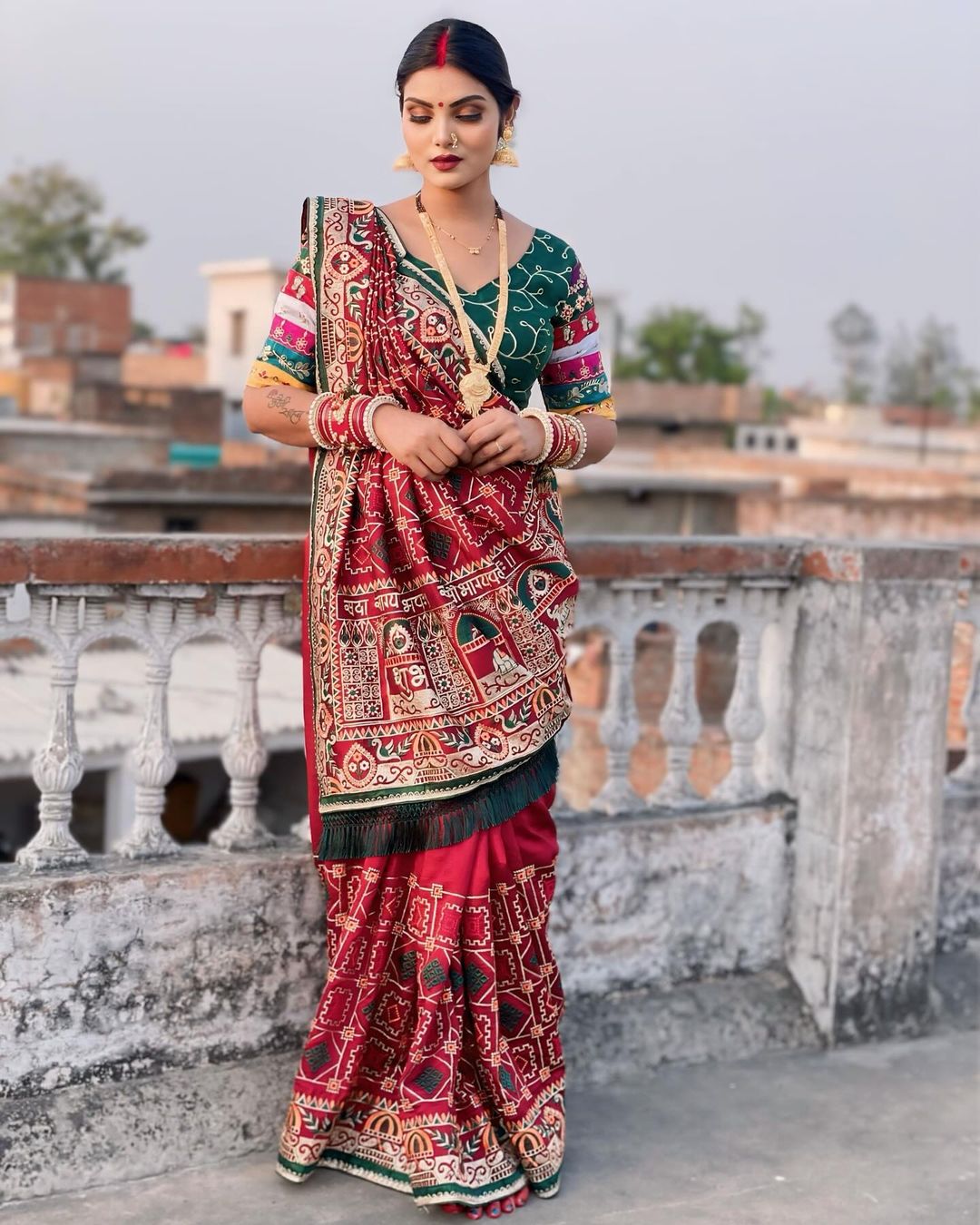 Elegant Crimson Maroon Heavy Soft Silk Saree with "Shubh Laabh" Embroidery & Bottle Green Designer Blouse