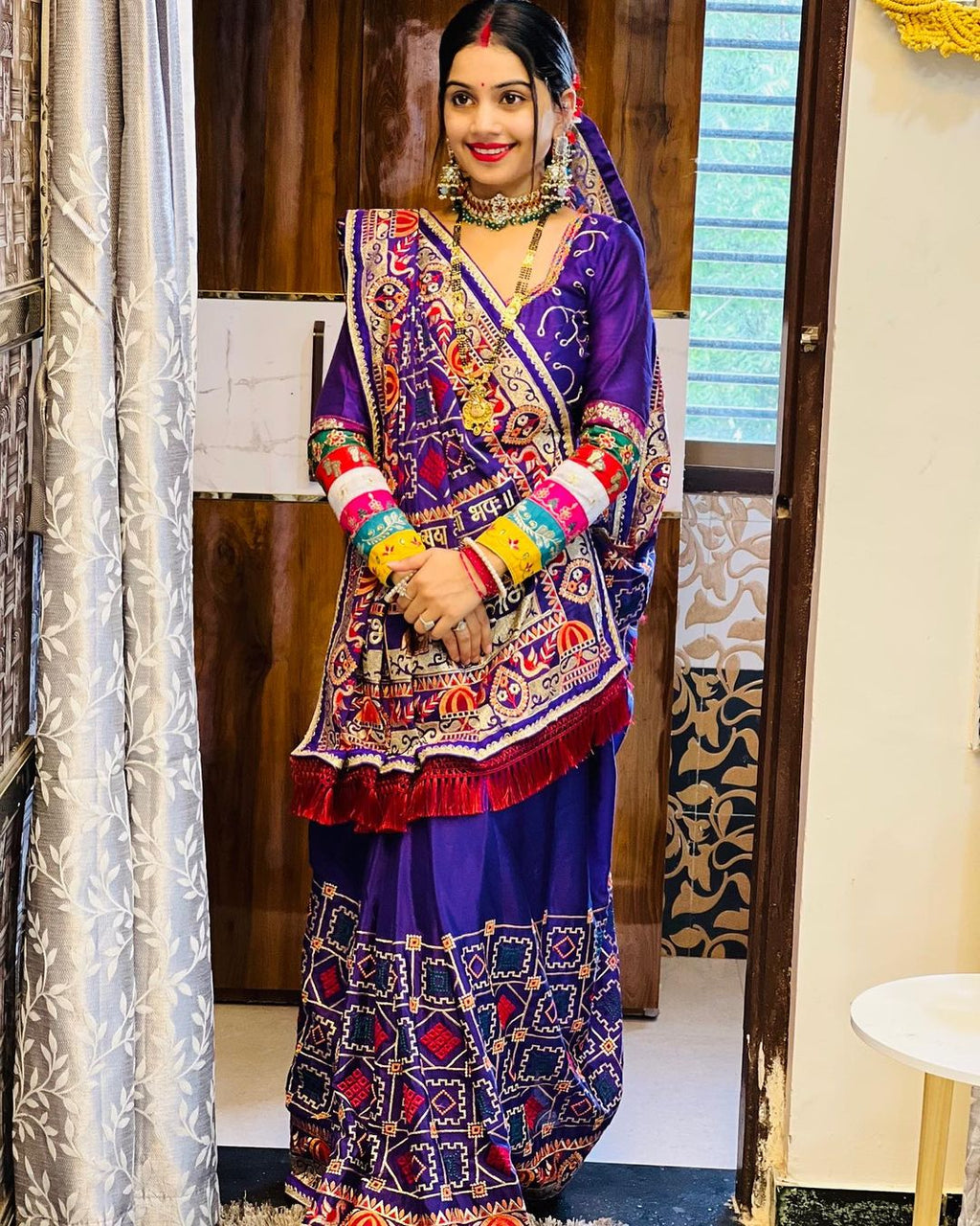 Royal Purple Heavy Soft Silk Saree with "Shubh Laabh" Embroidery & Designer Blouse