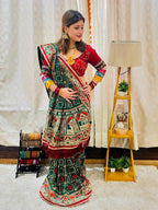Exquisite Bottle Green Heavy Soft Silk Saree with Traditional "Shubh Laabh" Embroidery & Contrast Red Designer Blouse