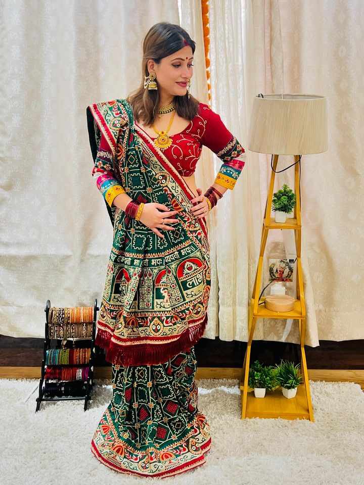 Exquisite Bottle Green Heavy Soft Silk Saree with Traditional "Shubh Laabh" Embroidery & Contrast Red Designer Blouse