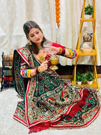 Exquisite Bottle Green Heavy Soft Silk Saree with Traditional "Shubh Laabh" Embroidery & Contrast Red Designer Blouse