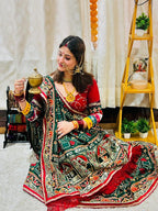 Exquisite Bottle Green Heavy Soft Silk Saree with Traditional "Shubh Laabh" Embroidery & Contrast Red Designer Blouse