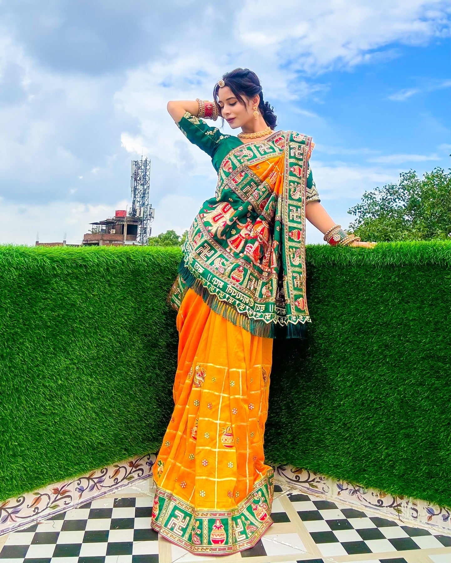 Orange Yellow & Green "Sada Saubhagyavati" Soft Silk Saree with Royal Doli Pallu
