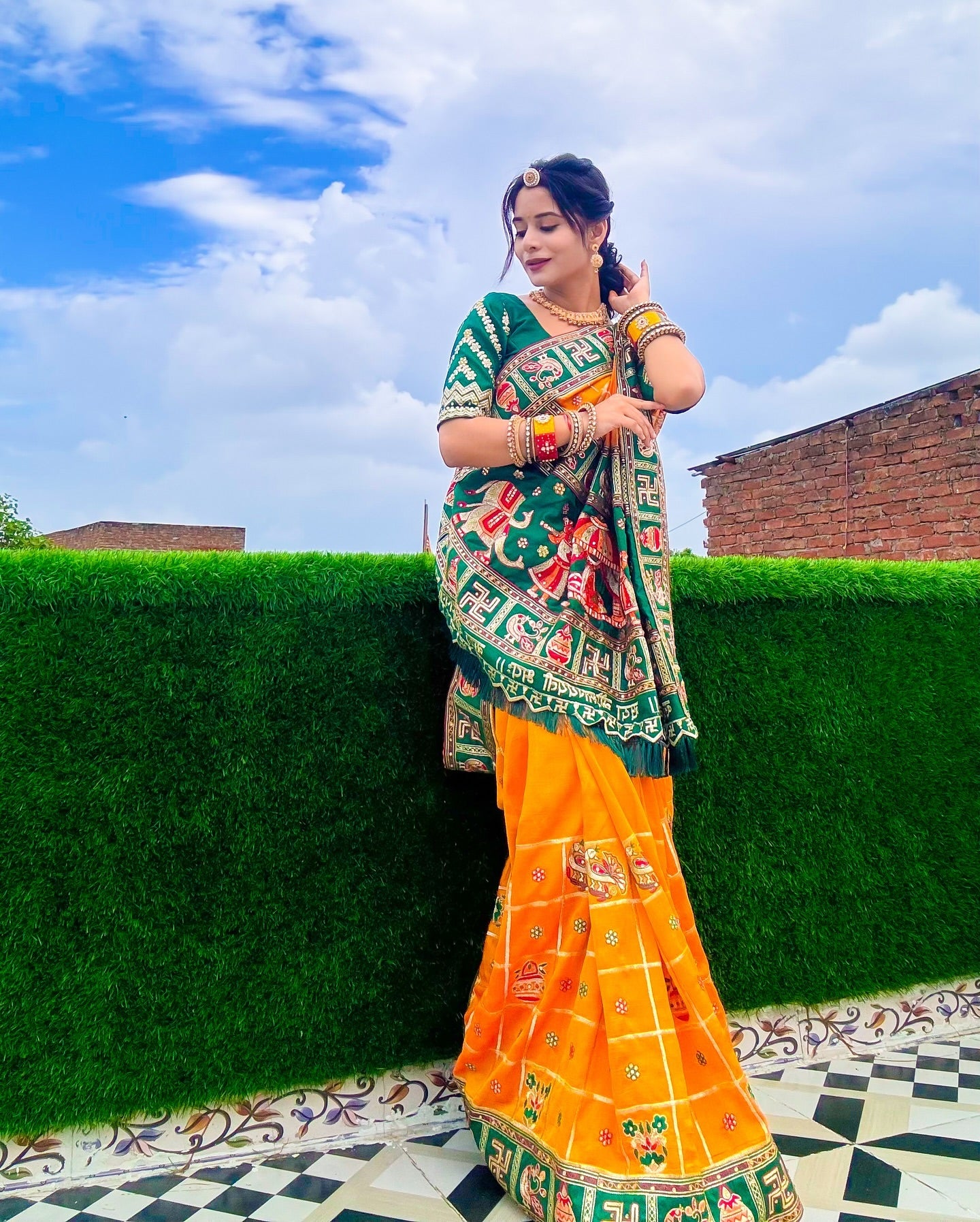 Orange Yellow & Green "Sada Saubhagyavati" Soft Silk Saree with Royal Doli Pallu