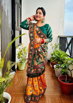 Royal Mustard Orange Yellow Silk Blend Saree with Emerald Green Patola Embroidery and Ornate Tassel Pallu