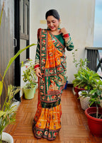 Royal Mustard Orange Yellow Silk Blend Saree with Emerald Green Patola Embroidery and Ornate Tassel Pallu