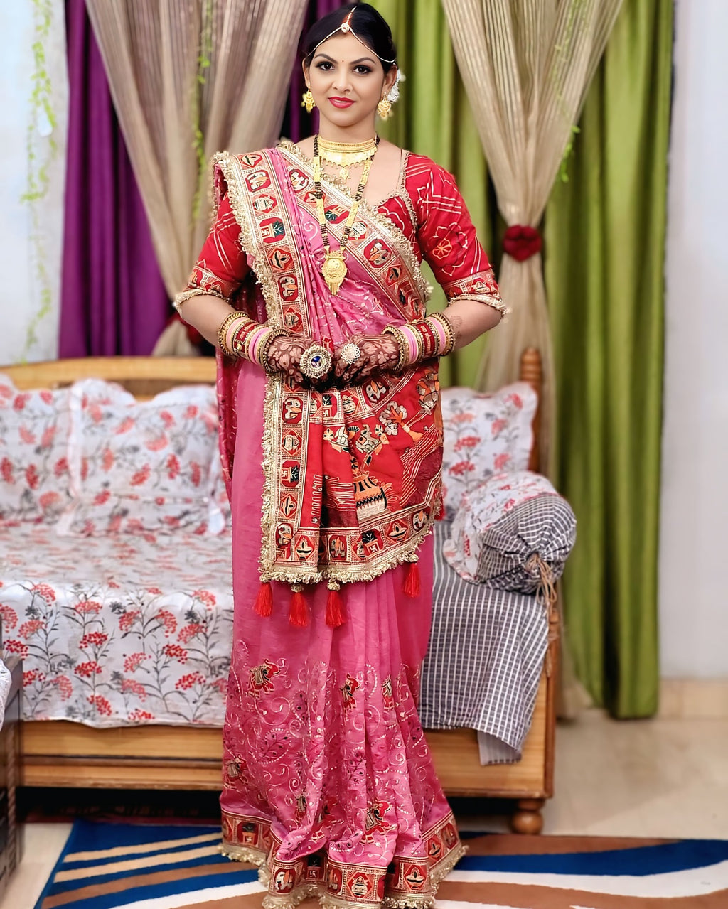 Tulsi Vat Savitri Special: Pink Vichitra Silk Saree with Narrative Embroidery & Latkan Tassels