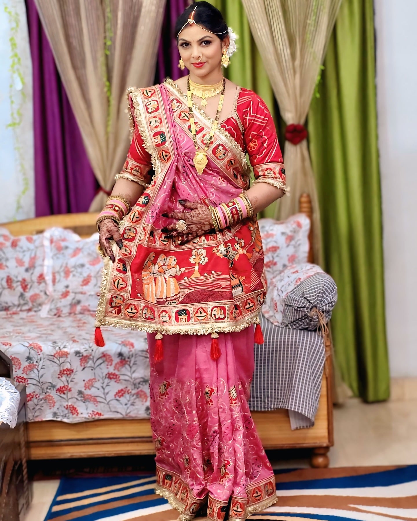 Tulsi Vat Savitri Special: Pink Vichitra Silk Saree with Narrative Embroidery & Latkan Tassels