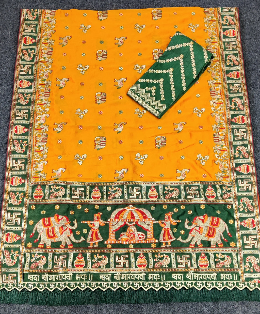 Orange Yellow Heavy Soft Silk Bridal Saree with "Sada Saubhagyavati" Border & Green Blouse
