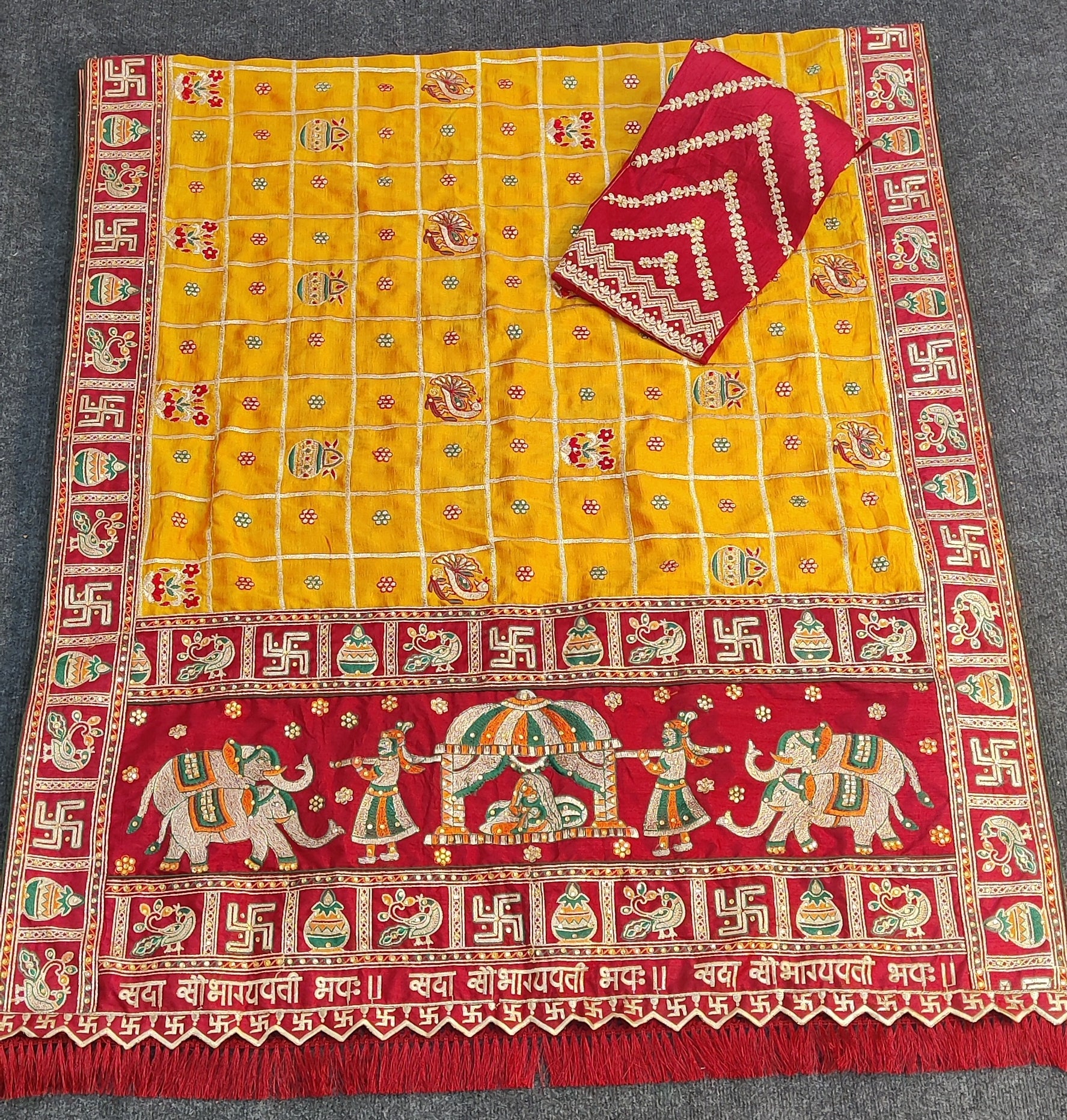 "Sada Saubhagyavati" Orange Yellow & Maroon Soft Silk Saree with Royal Doli & Elephant Pallu
